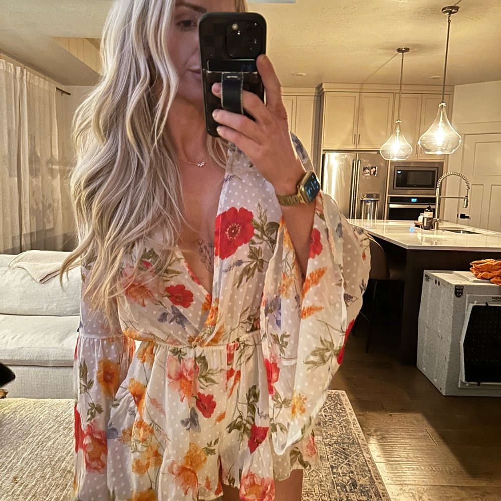 Floral Sheer Romper with Bell Sleeves